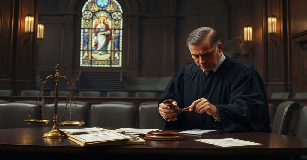 Sądowa sala z sędzią Rogerem Benitezem trzymającym młotek, dokumenty Thomas More Society i zasady poufności płciowej na stole, w tle kościół z witrażami przedstawiającymi Mszę Świętą.