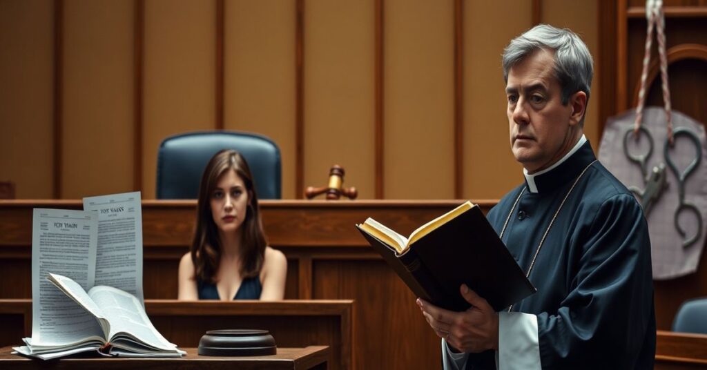 Młoda kobieta Fox Varian usiądła w ławie oskarżonych w sądzie, wyglądająca smutna. Na stole leży kij sędziowski, symbolizujący sprawiedliwość. Na pierwszym planie stoi kapłan w tradycyjnych szatach z księgą nauk moralnych Kościoła. Na tle widoczne dokumenty medyczne i narzędzia chirurgiczne.