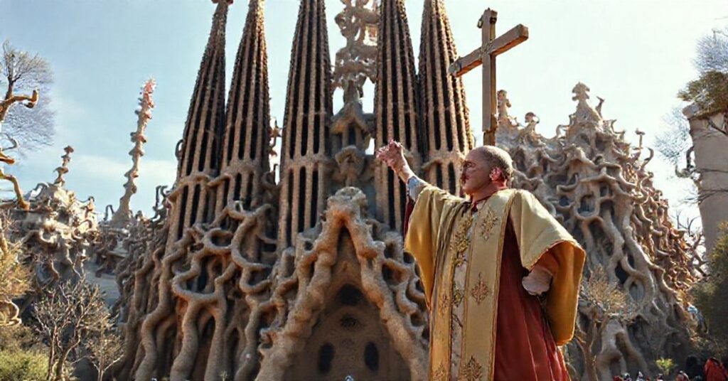 Realistyczny widok Sagrada Família w Barcelonie z tradycyjnym katolickim kapłanem w sutannie i krzyżu