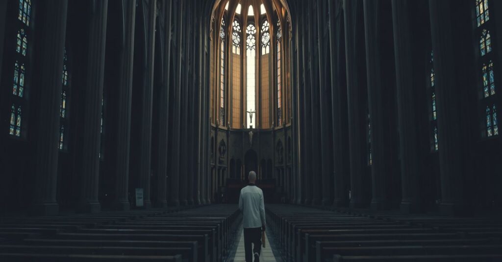 Wnętrze Sagrady Familii bez tradycyjnych symboli religijnych, pustka i modernistyczna architektura.