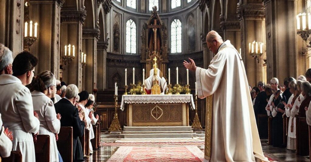 Sobór katolicki z uroczystością sakry biskupiej w tradycyjnym stylu