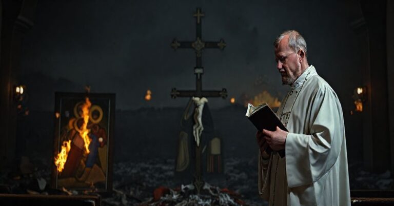 Ksiądz katolicki w tradycyjnej szacie liturgicznej patrzy z smutkiem na zniszczony krzyż przed palącym się prawosławnym ikoną wojenną na tle zniszczonego pejzażu.