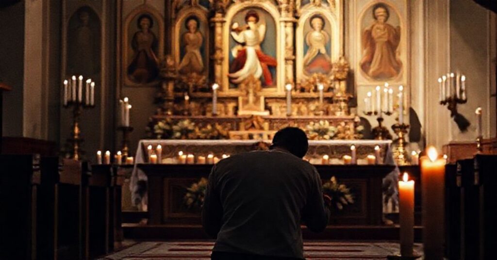 Sobótni ołtarz katolicki z tradycyjną ikonografią i oddanym w modlitwie wiernym