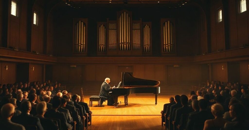 Sobięgawcza koncertowa sala z fortepianem na scenie, oświetlona ciepłym naturalnym światłem. Poważna postać w tradycyjnym strój duchowny siedzi w widowni, głęboko zanurzona w modlitwie. Organy w tle podkreślają sakralny kontekst. Scena przenosi poczucie wzniosłości i transcendencji, kontrastując z chaosem współczesnych interpretacji muzycznych.