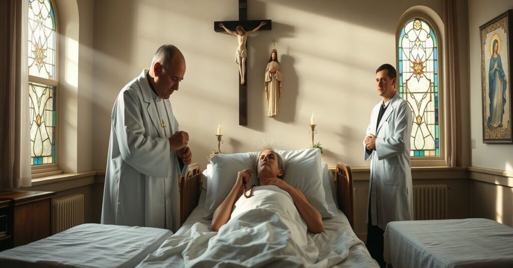 Chory na gruźlicę otrzymujący sakrament chorych od kapłana w tradycyjnym szpitalu katolickim