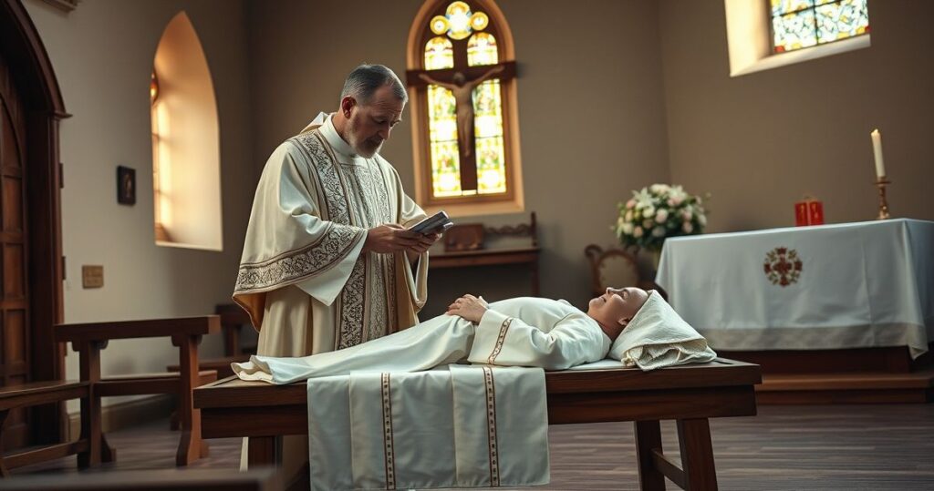Rekolekcja katolicka, kapłan udzielający sakramentu namaszczenia w kościele, scena pełna szacunku i duchowej powagi