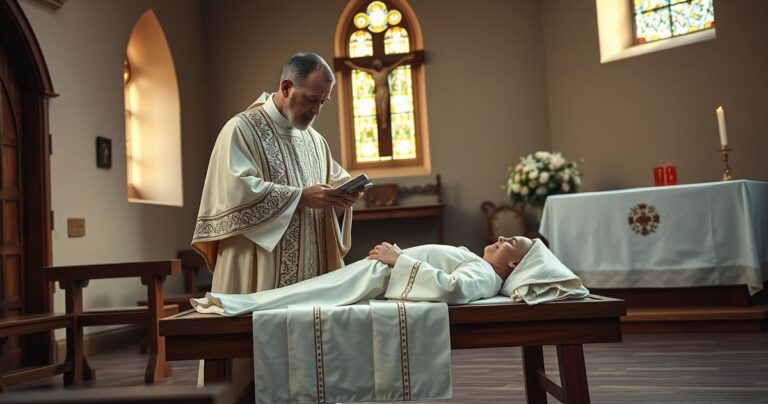 Rekolekcja katolicka, kapłan udzielający sakramentu namaszczenia w kościele, scena pełna szacunku i duchowej powagi