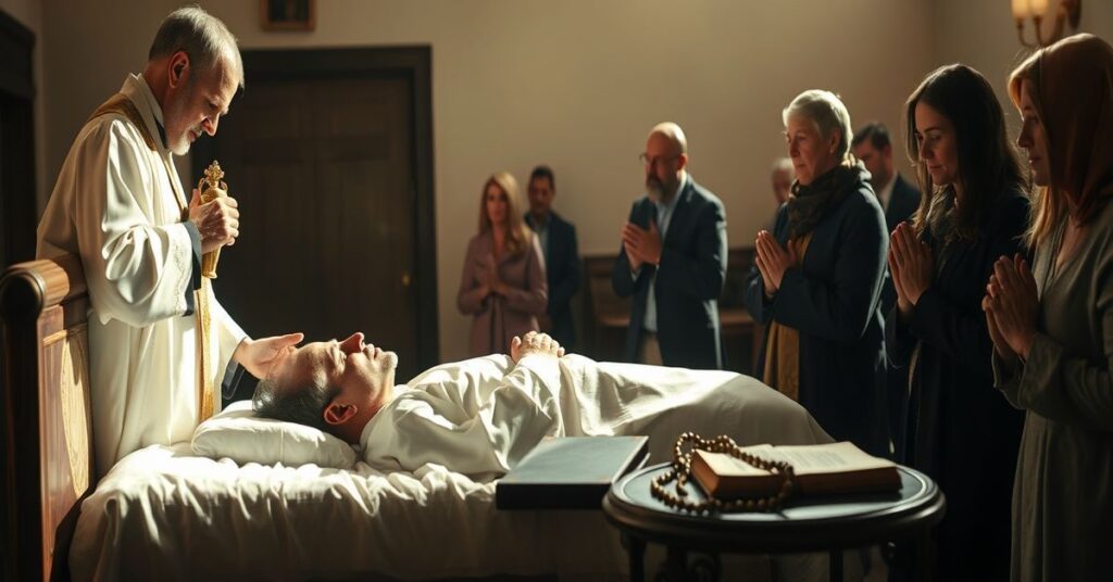 Kaplica katolicka z księdzem udzielającym sakramentu namaszczenia chorych mężczyźnie ciężko choremu, otoczonemu rodziną i przyjaciółmi w modlitwie