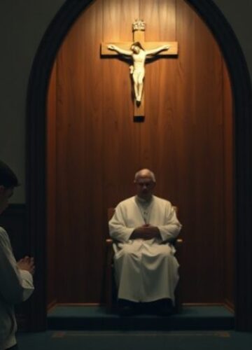 Sakrament pokuty - najlepszy dar dla duszy Tradycyjny katolicki konfesjonał w kościele parafialnym z pokutnikiem klęczącym przed kapłanem w uroczystym stroju liturgicznym.