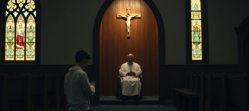 Tradycyjny katolicki konfesjonał w kościele parafialnym z pokutnikiem klęczącym przed kapłanem w uroczystym stroju liturgicznym.