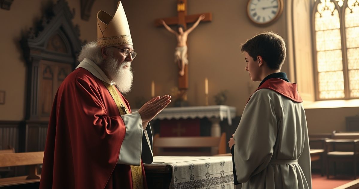 Realistyczny obraz katolickiego sakramentu spowiedzi w tradycyjnym kościele, z kapłanem i penitentem, podkreślający powagę i duchową głębię sakramentu.