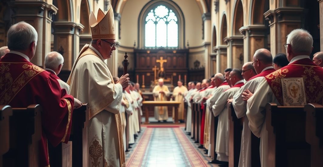 Sakrament święceń biskupich w tradycyjnym katolickim kościele Fotografia realistyczna i pełna szacunku ukazująca sakrament święceń biskupich w tradycyjnym katolickim kościele, podkreślająca powagę i autentyczność sakramentu w kontekście krytyki modernistycznych działań.