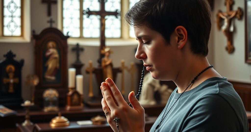 Osoba modląca się z różańcem w tradycyjnej katolickiej kaplicy, otoczona historycznymi medalionami i krzyżykami, symbolizującymi sakramentalia i ich rolę w historii medycyny.