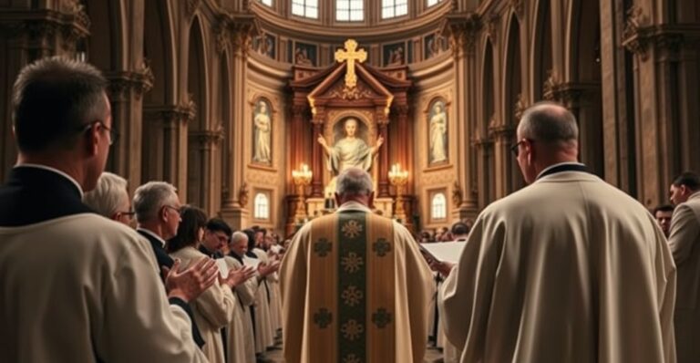 Reverentny katolicki kapłan celebrujący Eucharystię w katedrze, symbol oddania i sakralności