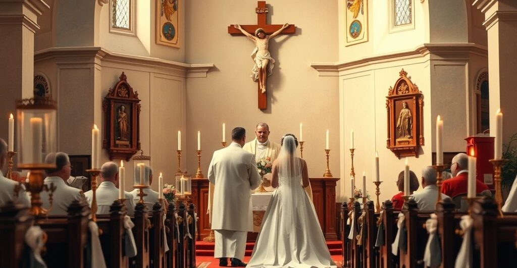 Zdjęcie sakramentalnego małżeństwa w kościele z kapłanem, podkreślające powagę i duchowość katolickiego sakramentu