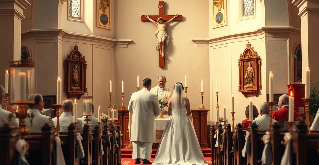 Zdjęcie sakramentalnego małżeństwa w kościele z kapłanem, podkreślające powagę i duchowość katolickiego sakramentu