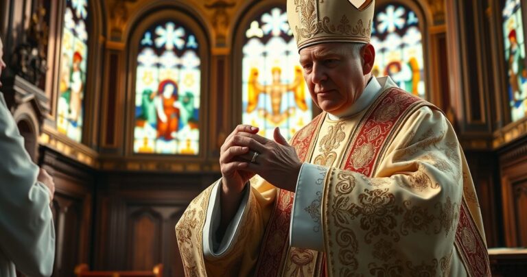Fotografia realistyczna i pełna szacunku ukazująca biskupa w tradycyjnych szatach podczas uroczystej liturgii, podkreślająca sakramentalny charakter wydarzenia w kontekście katolickiej tradycji.