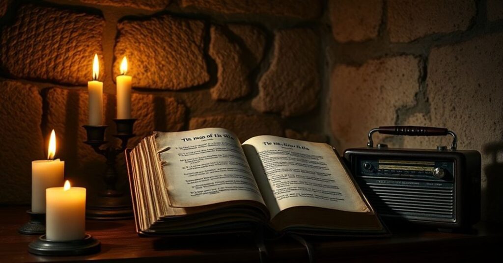 Solemne wnętrze sakrystii z otwartym modlitewnikiem i świetlikiem na tle kamiennych ścian; symbolizuje opór wobec herezji technokratycznych