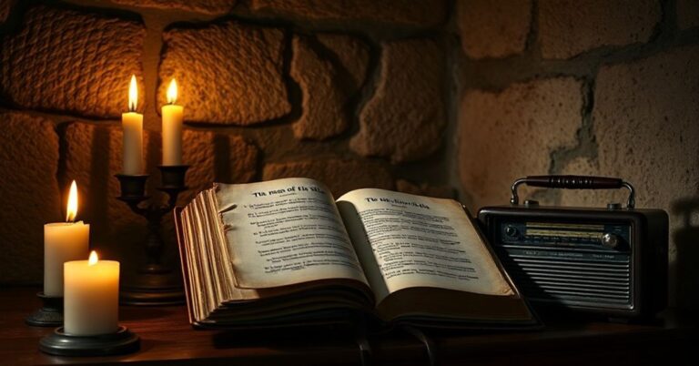 Solemne wnętrze sakrystii z otwartym modlitewnikiem i świetlikiem na tle kamiennych ścian; symbolizuje opór wobec herezji technokratycznych