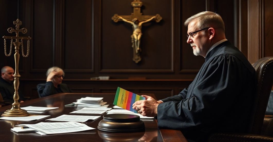 Zdjęcie: Sprawiedliwość zakłócana ideologią gender Sala sądowa z perspektywy katolickiej sede vacante, przedstawiająca sędzię w czarnej szacie patrzącego z współczuciem na skazanego terrorystę aborcyjnego, który nagle twierdzi, że jest transgender. Sędzia trzyma młotek w jednej ręce i dokument w kolorach tęczy w drugiej. W tle widnieje blaknący krzyż i rozrzucone dokumenty prawnicze.