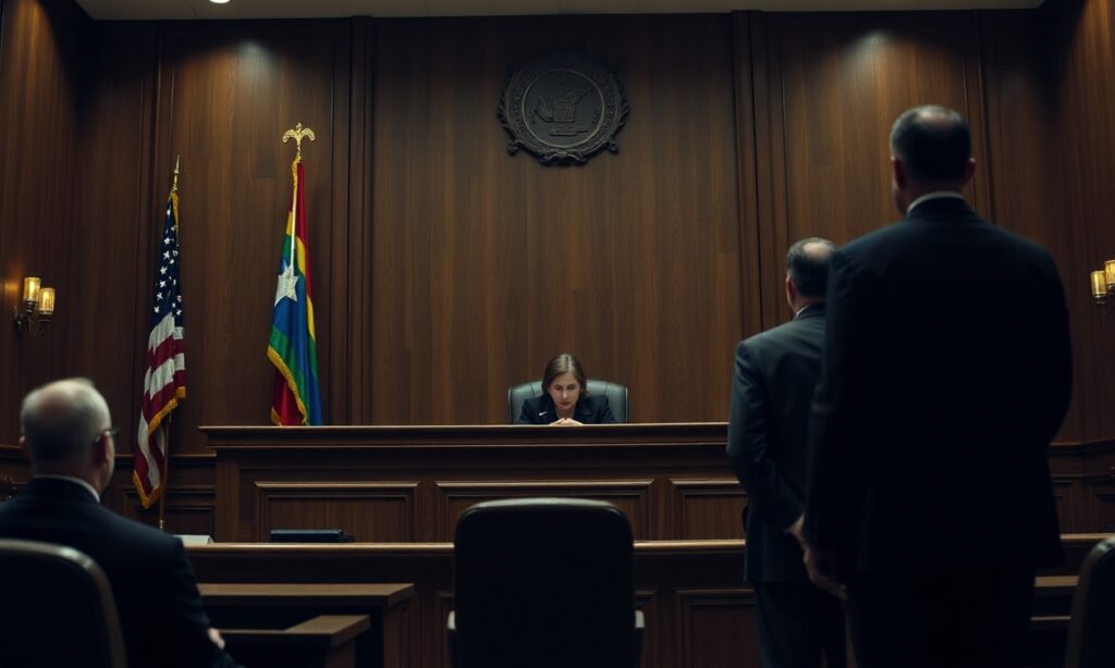 Sala sądowa w Teksasie z sędzią Rosie Speedlin Gonzalez i prawniczką Elizabeth Russell w kajdankach