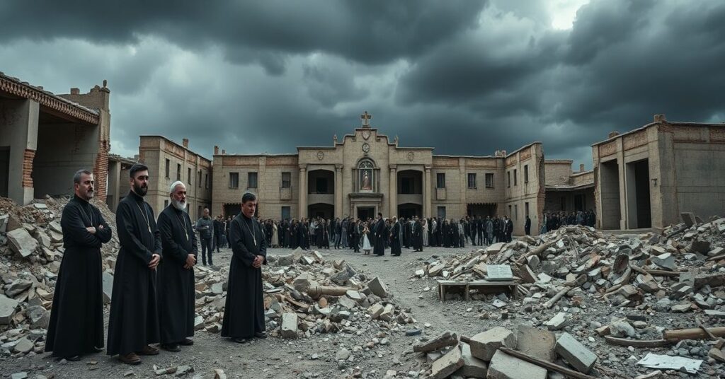 Obraz przedstawiający salezjanów w Libanie w 2026 roku w środowisku zniszczeń wojennych, skupionych na pomocy materialnej zamiast na zbawieniu dusz.