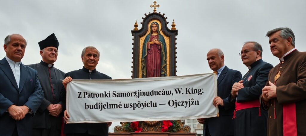Grupa samorządowców na Jasnej Górze przed Czarą Panią Częstochowską
