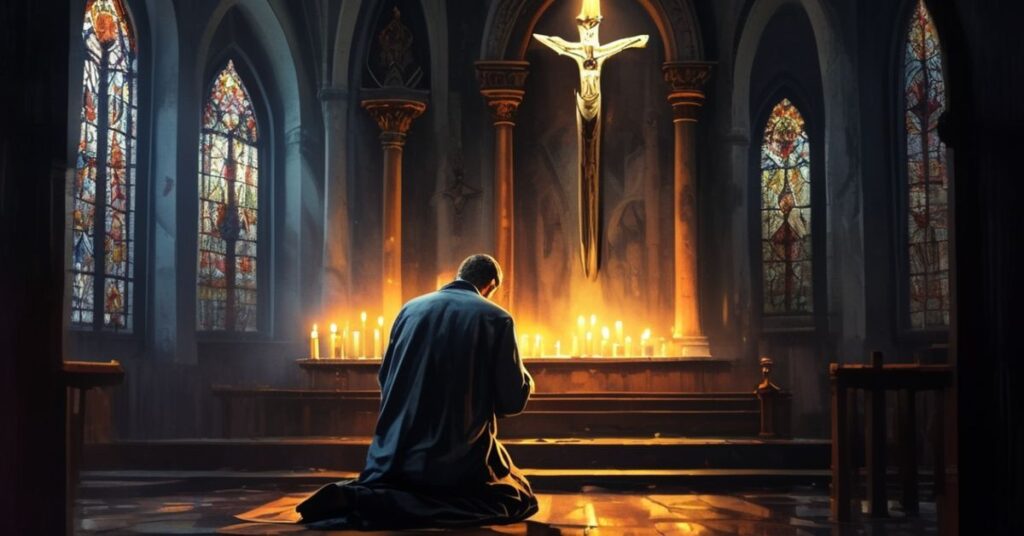 Osoba modli się w cichym katolickim kościele przed ołtarzem z krzyżem i zapalonymi świecami, symbolizując walkę między samotnością a Bożym pocieszeniem.