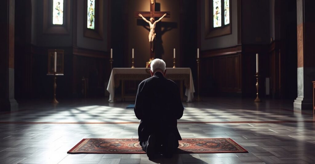 Starszy mężczyzna, pan B, modlący się w samotności w tradycyjnym katolickim kościele.