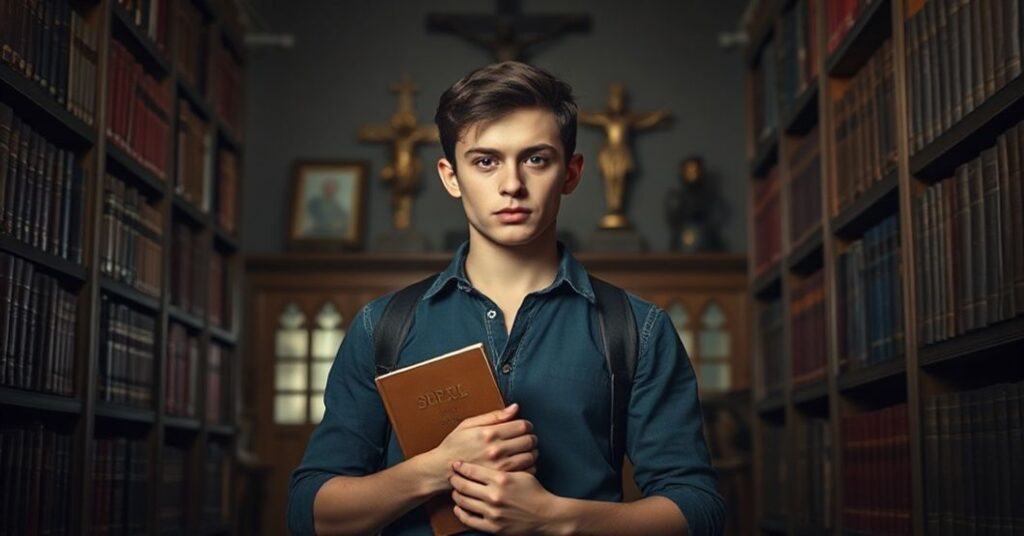 Portret osoby w bibliotece katolickiej symbolizujący pycha i samowystarczalność