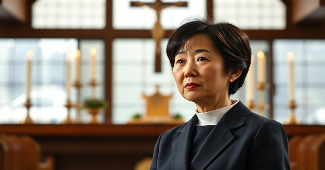 Portret premier Japonii Sanae Takaichi przed katolickim ołtarzem symbolizujący konflikt między polityką a nauką Kościoła