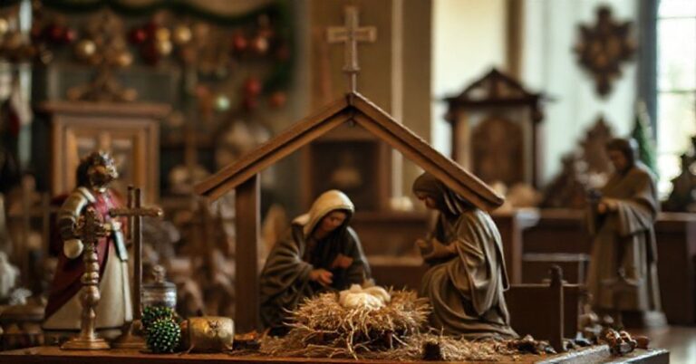 Tradycyjna scenka Bożego Narodzenia w muzeum z historycznymi przedmiotami religijnymi i zwykłymi dekoracjami świątecznymi w tle
