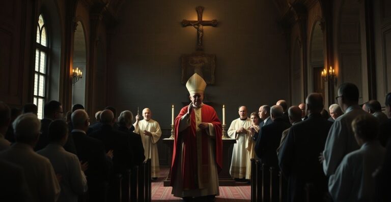 Obraz przedstawiający fałszywą uroczystość w sandomierskim seminarium, ukazujący modernistyczne odrzucenie katolickiej tradycji