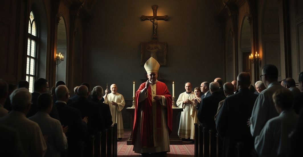 Obraz przedstawiający fałszywą uroczystość w sandomierskim seminarium, ukazujący modernistyczne odrzucenie katolickiej tradycji