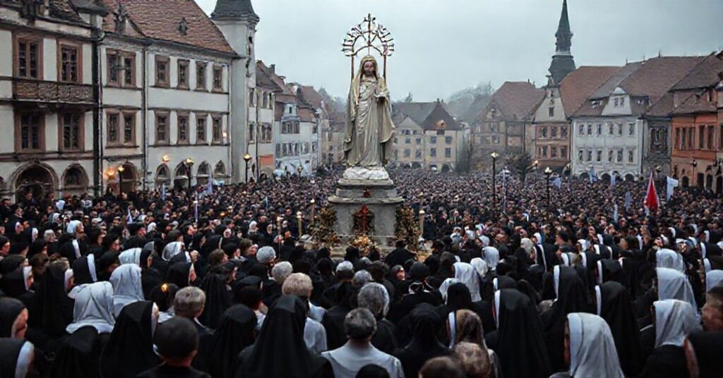 Zdjęcie przedstawiające profanację uroczystości Niepokalanego Poczęcia w Sandomierzu z udziałem fałszywego biskupa Krzysztofa Nitkiewicza i modernistycznego kleru