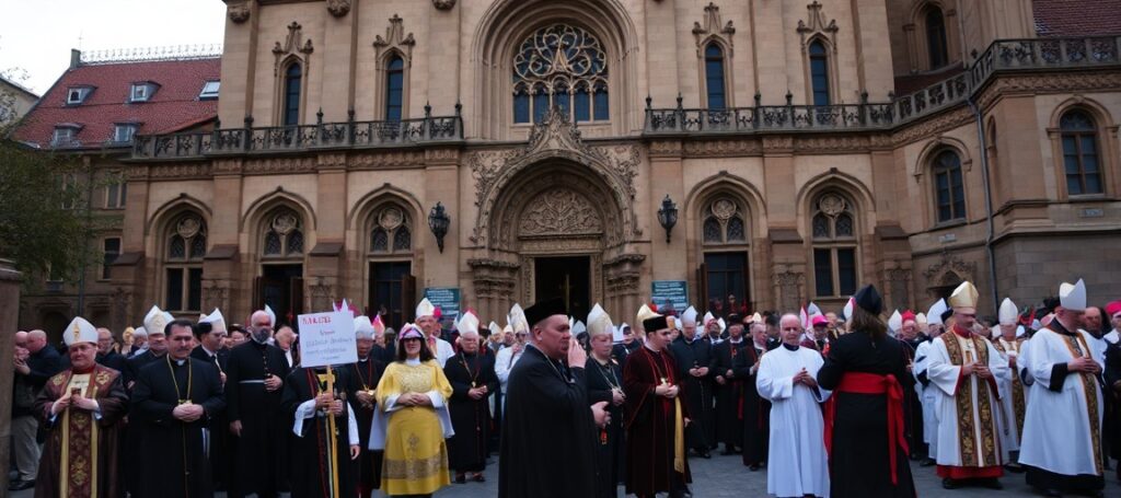 Zdjęcie przedstawiające nowo ustanowione sanktuarium św. Jana Pawła II przy bazylice we Wrocławiu z biskupem Wiesławem Lechowiczem i arcybiskupem Józefem Kupnym podczas ceremonii.