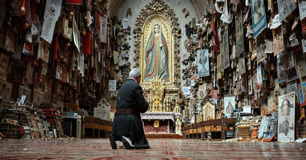 Pielgrzym modlący się przed zdeformowanym sanktuarium w Gostyniu, świątynie modernistycznym z błyskim kultem Maryjnym, otoczony komercyjnymi elementami.