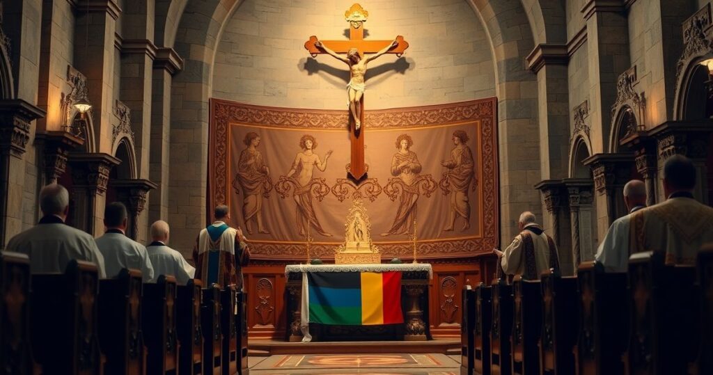 Sanktuarium katolickie z ołtarzem i krucyfiksem, symbolami liturgicznymi, ukazujące powagę i refleksję nad kontrowersjami w Kościele