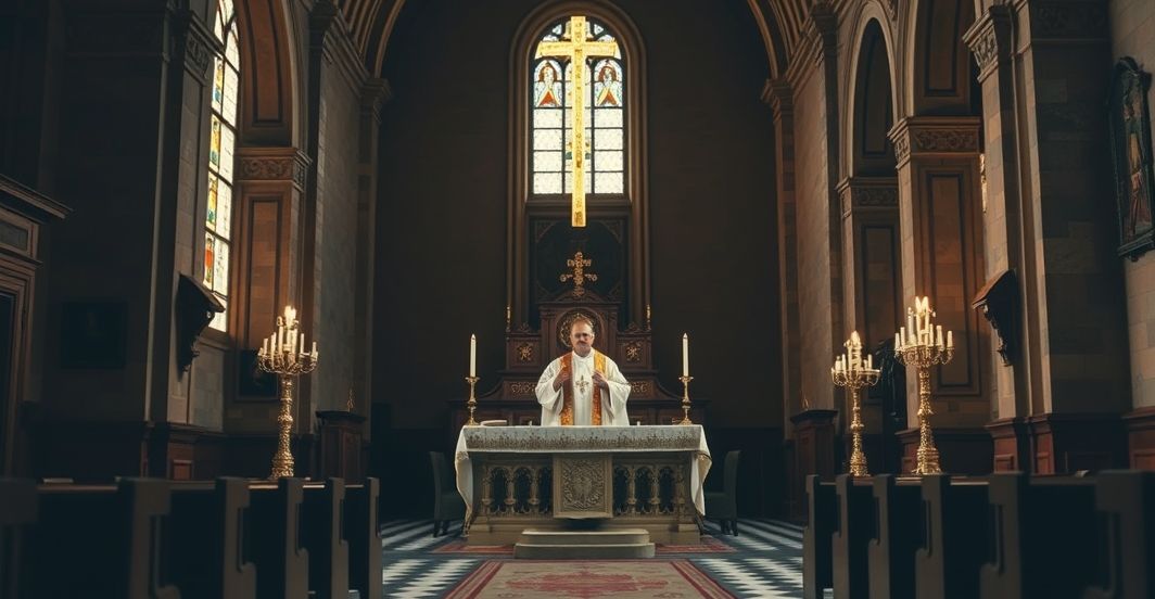 Reverentna scena liturgiczna w tradycyjnym kościele katolickim, ukazująca kapłana w vestmentach podczas modlitwy, symbolizująca kryzys moralny i duchowy społeczeństwa w kontekście katolickiej krytyki nowoczesnych rządów