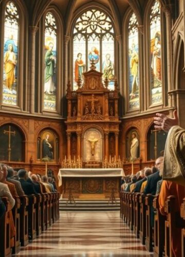 Sanktuarium katolickie z duchownymi i wiernymi w pełnej powadze Sanktuarium katolickie z kapłanami i wiernymi w głębokiej modlitwie, podkreślające powagę i duchowość nauczania Kościoła
