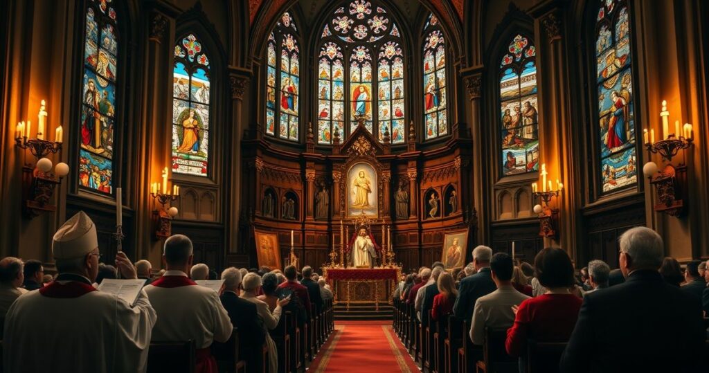 Sanktuarium katolickie z duchownymi i wiernymi w modlitwie, wyraz głębokiej pobożności i troski o ortodoksję wiary
