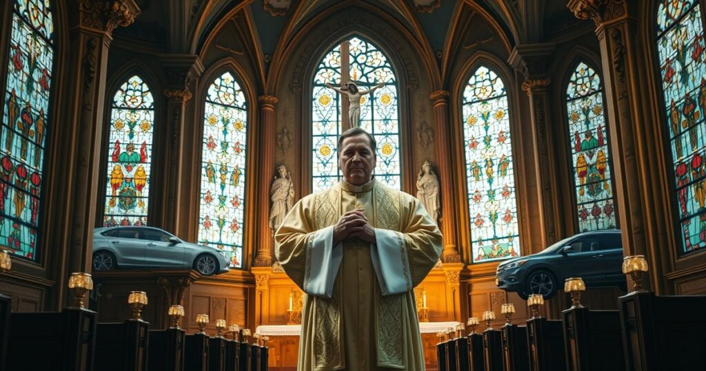Sanktuarium katolickie z kapłanem trzymającym krucyfiks i nowoczesne chińskie samochody na zewnątrz, symbol konfliktu wiary i postępu na tle krytyki modernizmu.