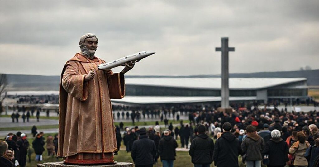 Zdjęcie przedstawiające sanktuarium w Knock w Irlandii z widoczną statuą ks. Jamesa Horana trzymającego model samolotu na tle terminalu lotniska. Scena symbolizuje kompromis teologiczny między pobożnością a komercją.