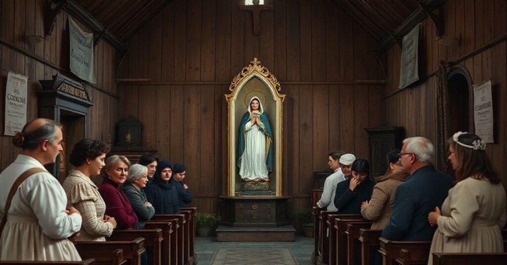 Scena tradycyjne katolickiego sanktuarium w Leśniowie z drewnianą kapliczką i figurką Matki Bożej otoczoną rodzinami w strojach z XIX wieku. Scena kontrastuje z nowoczesnymi deformacjami liturgicznymi.