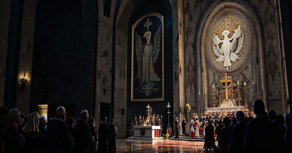 Przerażające widok sanktuarium Matki Bożej w Licheniu Starym, ukazujące synkretyczne elementy i modernistyczną architekturę, odzwierciedlające teologiczne wątpliwości i duchową degenerację