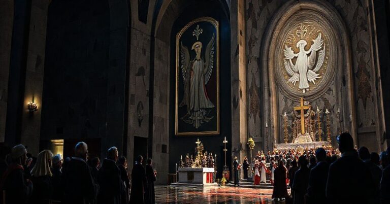 Przerażające widok sanktuarium Matki Bożej w Licheniu Starym, ukazujące synkretyczne elementy i modernistyczną architekturę, odzwierciedlające teologiczne wątpliwości i duchową degenerację