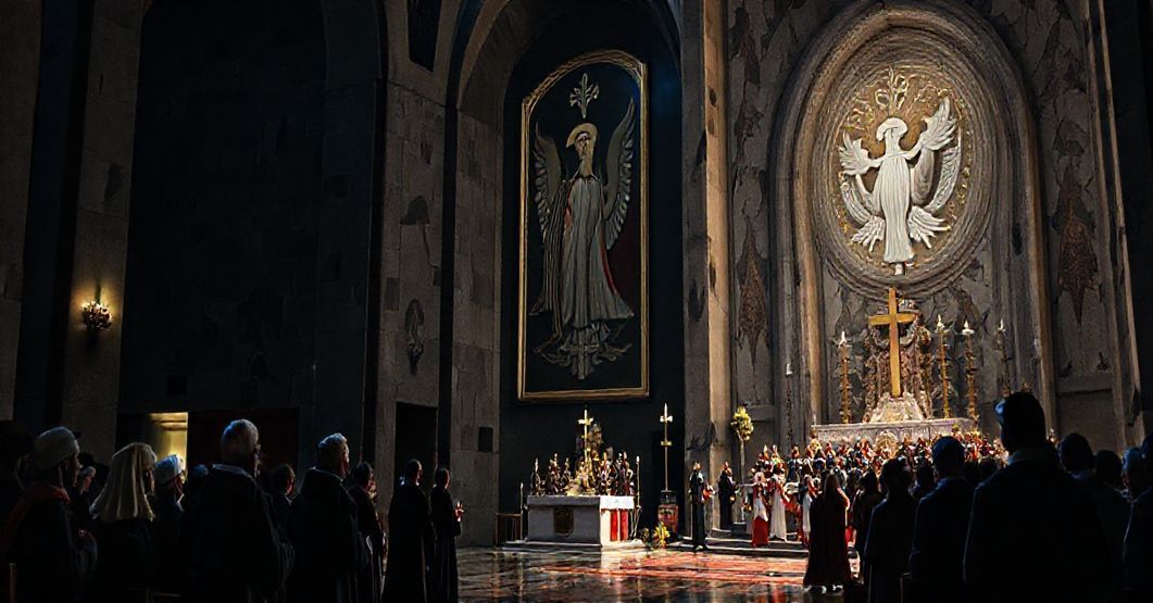 Przerażające widok sanktuarium Matki Bożej w Licheniu Starym, ukazujące synkretyczne elementy i modernistyczną architekturę, odzwierciedlające teologiczne wątpliwości i duchową degenerację