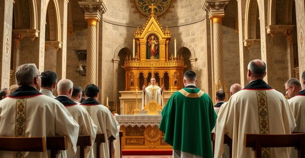 Sanktuarium Licheński z kapłanami w liturgicznym rytuale, ukazujące pełną szacunek i tradycję katolicką podczas Eucharystii