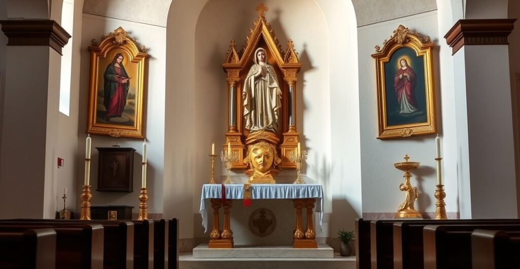 Realistyczne zdjęcie sanktuarium Matki Bożej Rzeszowskiej z ofiarami i prostym ołtarzem, ukazujące głęboką pobożność i czystość wyrazu religijnego