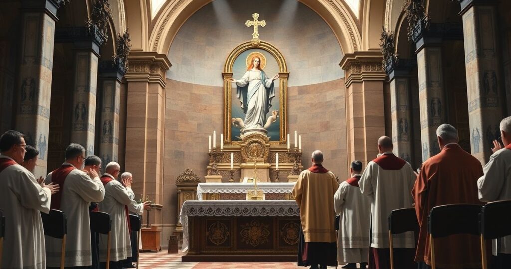 Realistyczny obraz katolickiego sanktuarium Matki Bożej, z kapłanami i wiernymi w modlitwie, oddający powagę i tradycyjną duchowość, ukazujący krytykę modernistycznego kultu i odwołanie do katolickiej nauki.